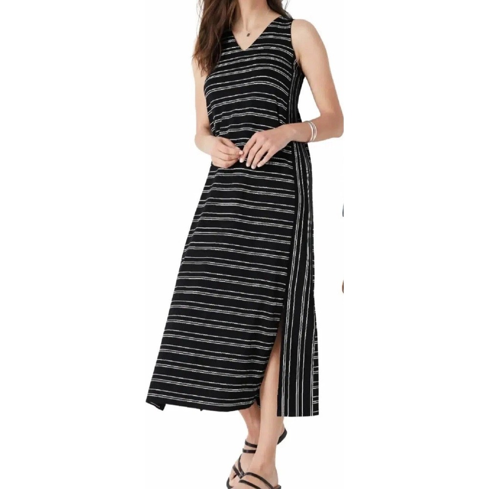 J Jill Wearever Womens M Maxi Dress Side Slit Sleeveless‎ V-Neck Black Stripe